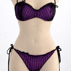 Beach Bunny Love Her Madly Mesh Bikini Purple Black Lace Up Y2K M Top L Bottom